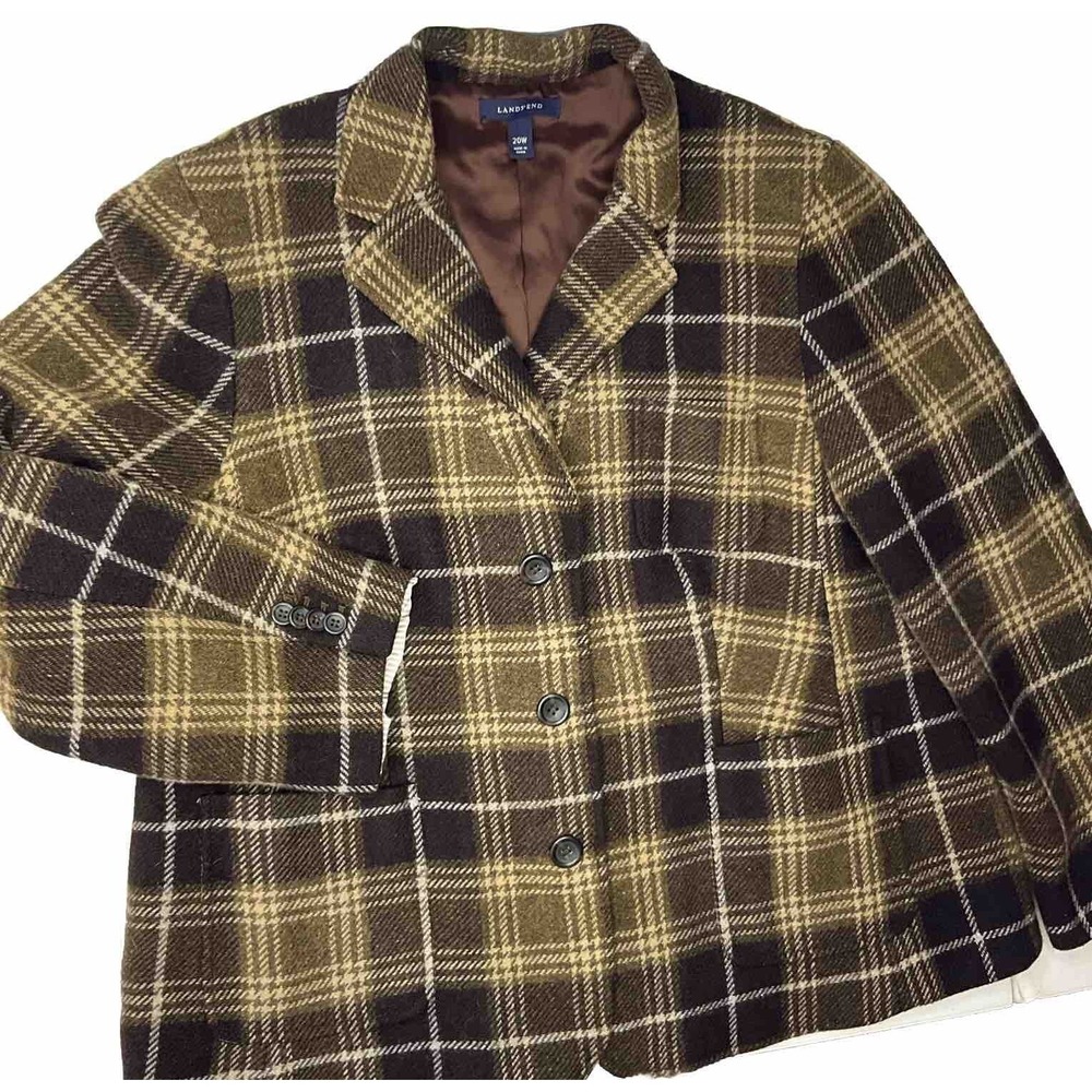 Lands End Womens Plus Size 20W Wool Mohair Blend Plaid Button Front Blazer Brown